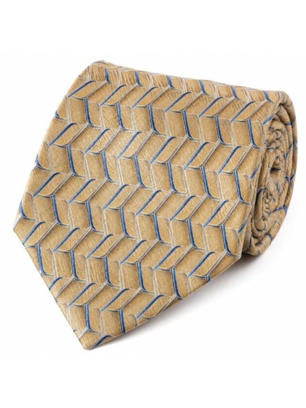 Umberto Bossi Roma Milano Silk Tie Gold Blue Geometric Cube Handmade Italy